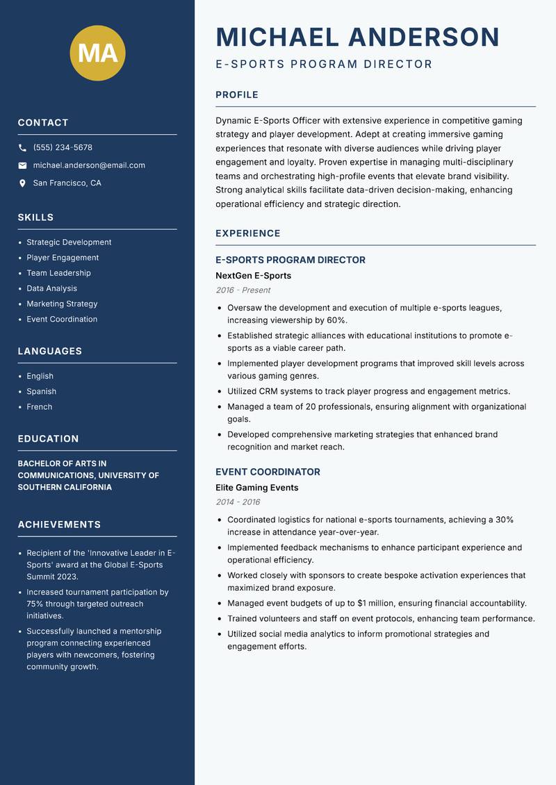 E-Sports Officer resume template — Classic Clean