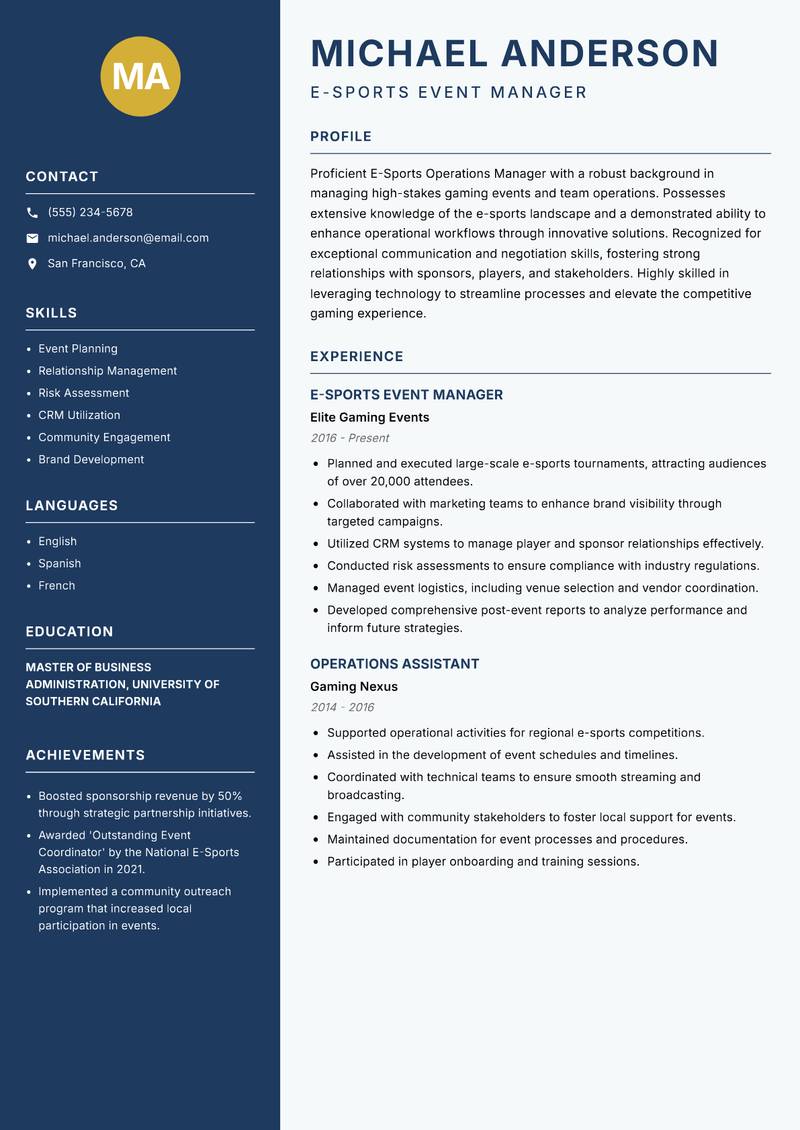 E-Sports Operations Manager resume template — Classic Clean