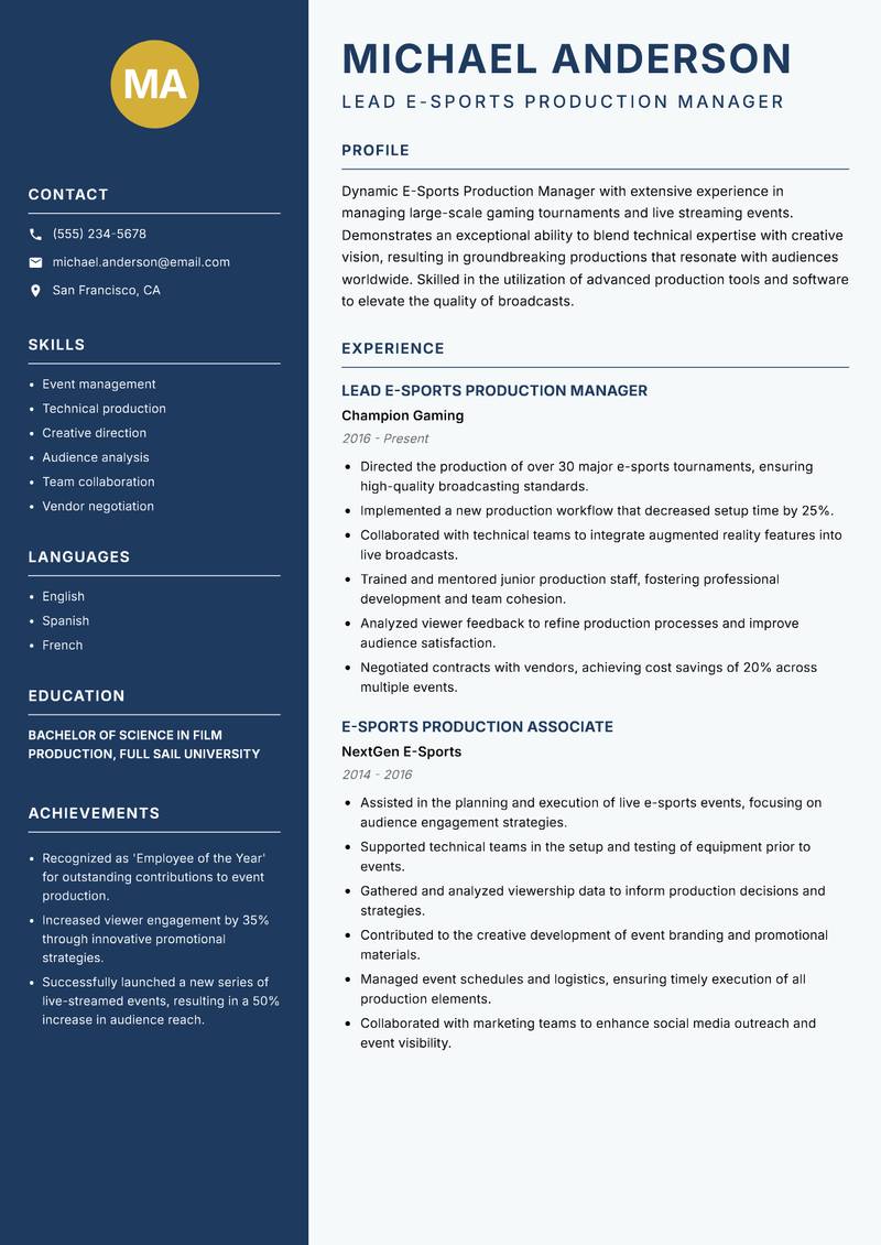 E-Sports Production Manager resume template — Classic Clean