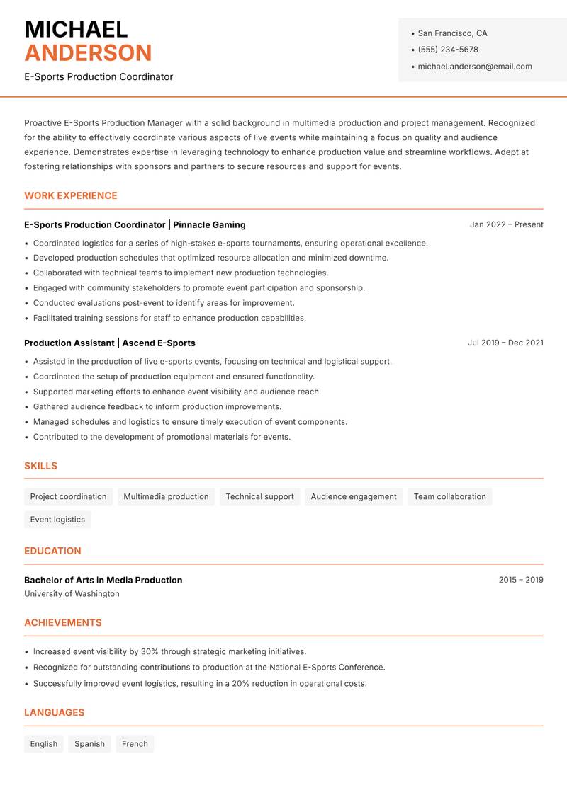 E-Sports Production Manager resume template — Modern Professional