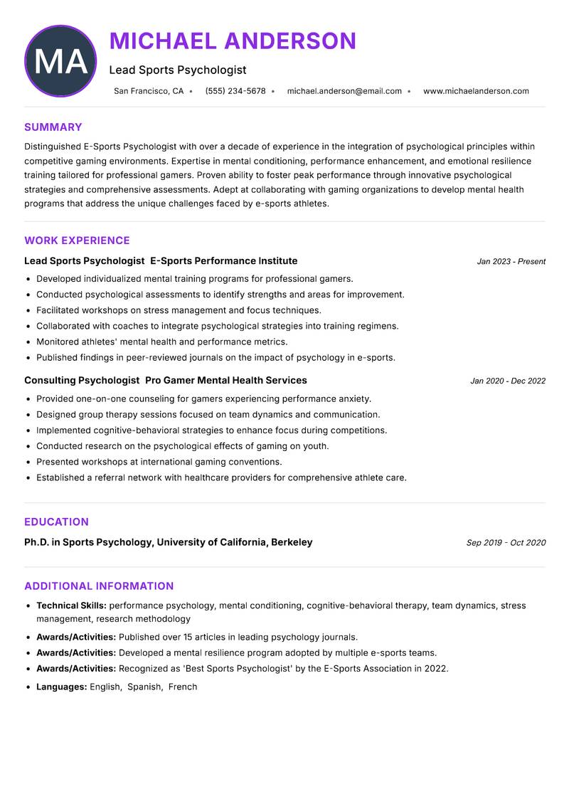 E-Sports Psychologist resume example — ATS-friendly template
