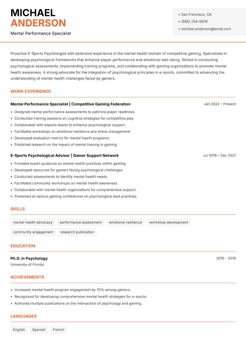 E-Sports Psychologist resume template — Modern Professional