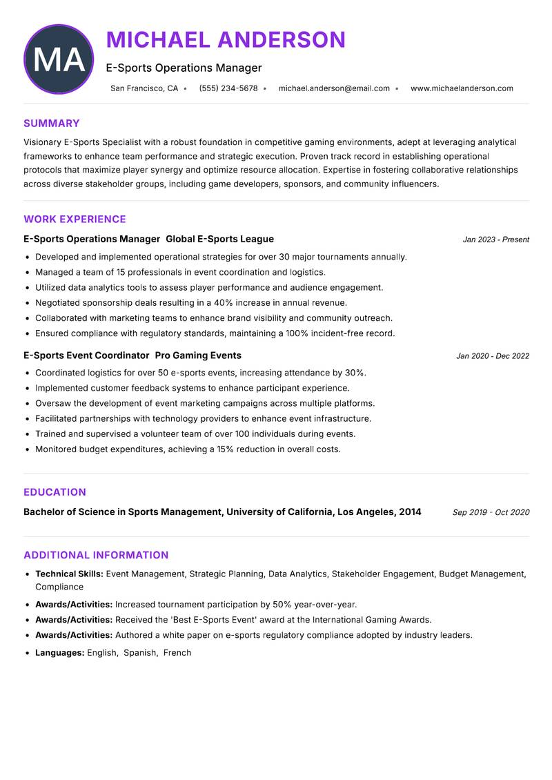 E-Sports Specialist resume example — ATS-friendly template