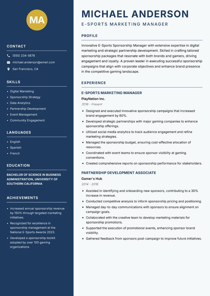 E-Sports Sponsorship Manager resume template — Classic Clean