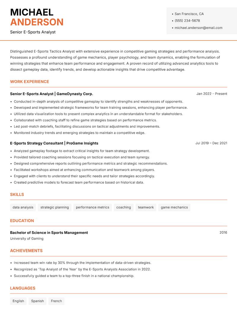 E-Sports Tactics Analyst resume template — Modern Professional