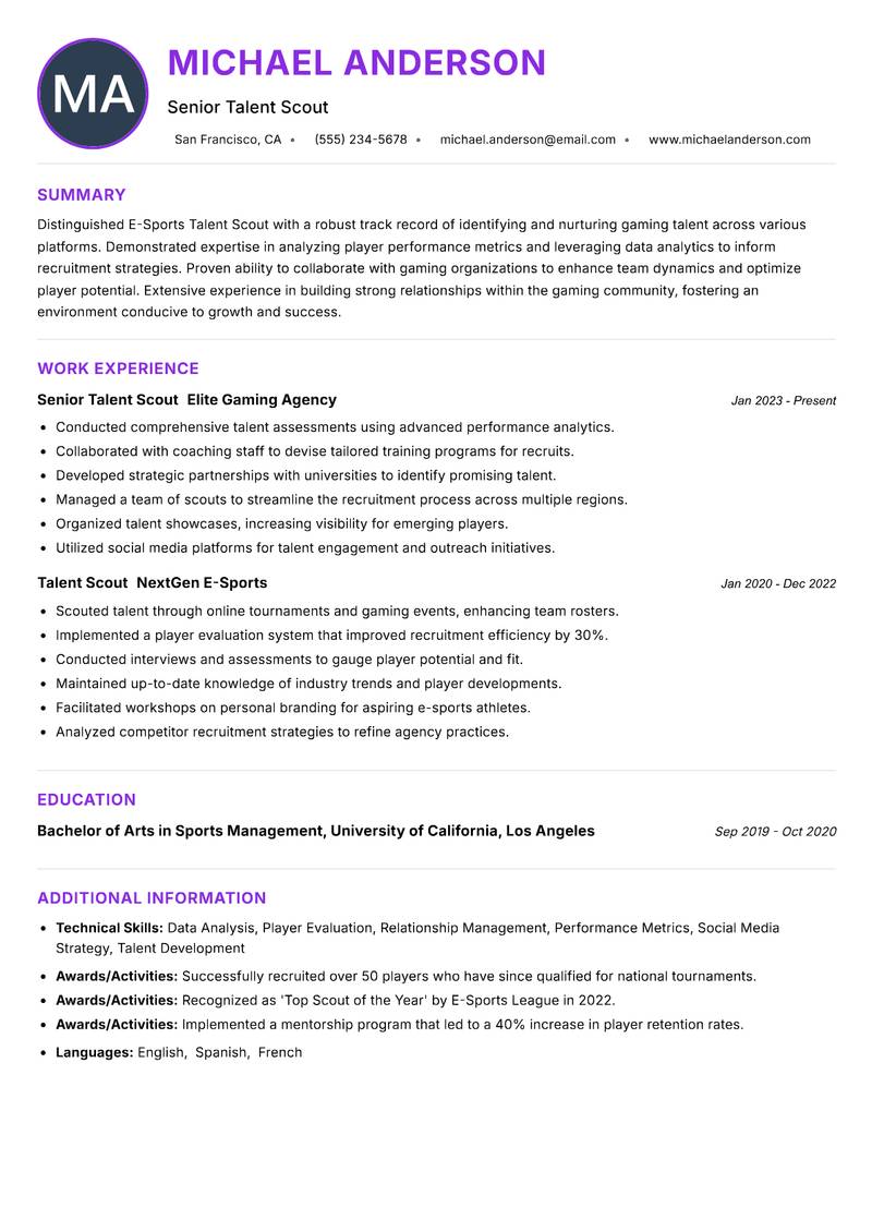 E-Sports Talent Scout resume example — ATS-friendly template