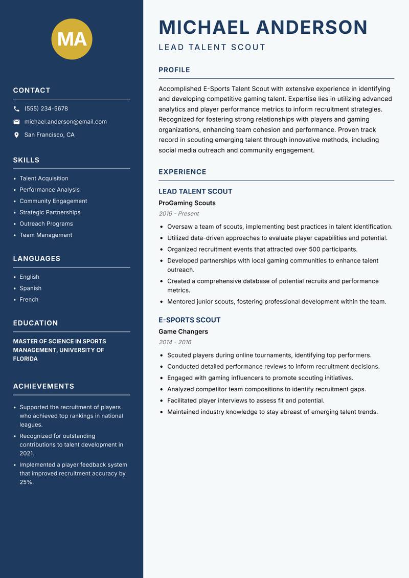 E-Sports Talent Scout resume template — Classic Clean