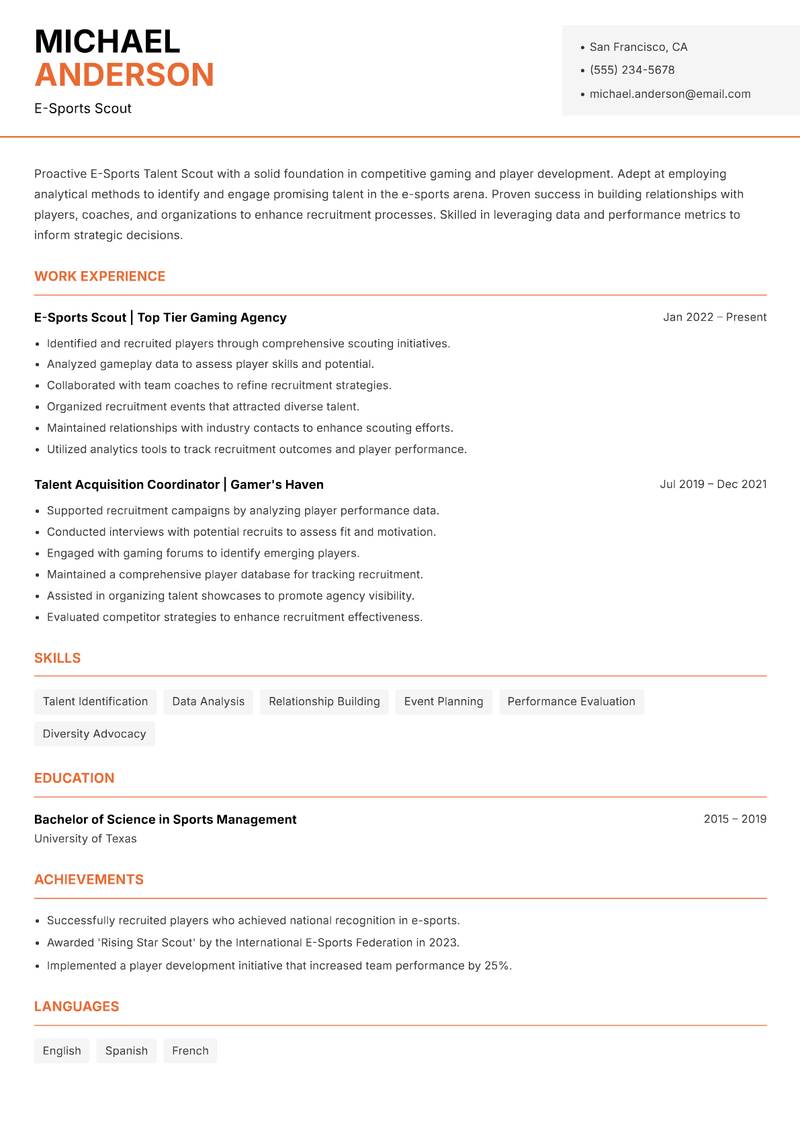 E-Sports Talent Scout resume template — Modern Professional