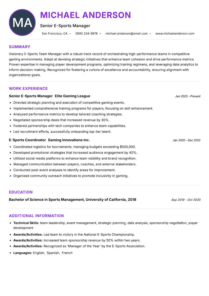 E-Sports Team Manager resume example — ATS-friendly template