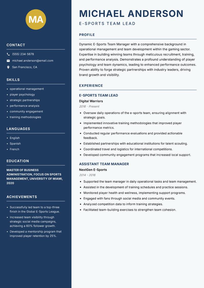 E-Sports Team Manager resume template — Classic Clean