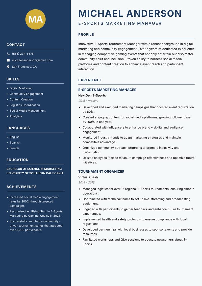 E-Sports Tournament Manager resume template — Classic Clean