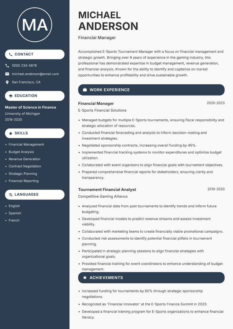 E-Sports Tournament Manager resume template — Compact