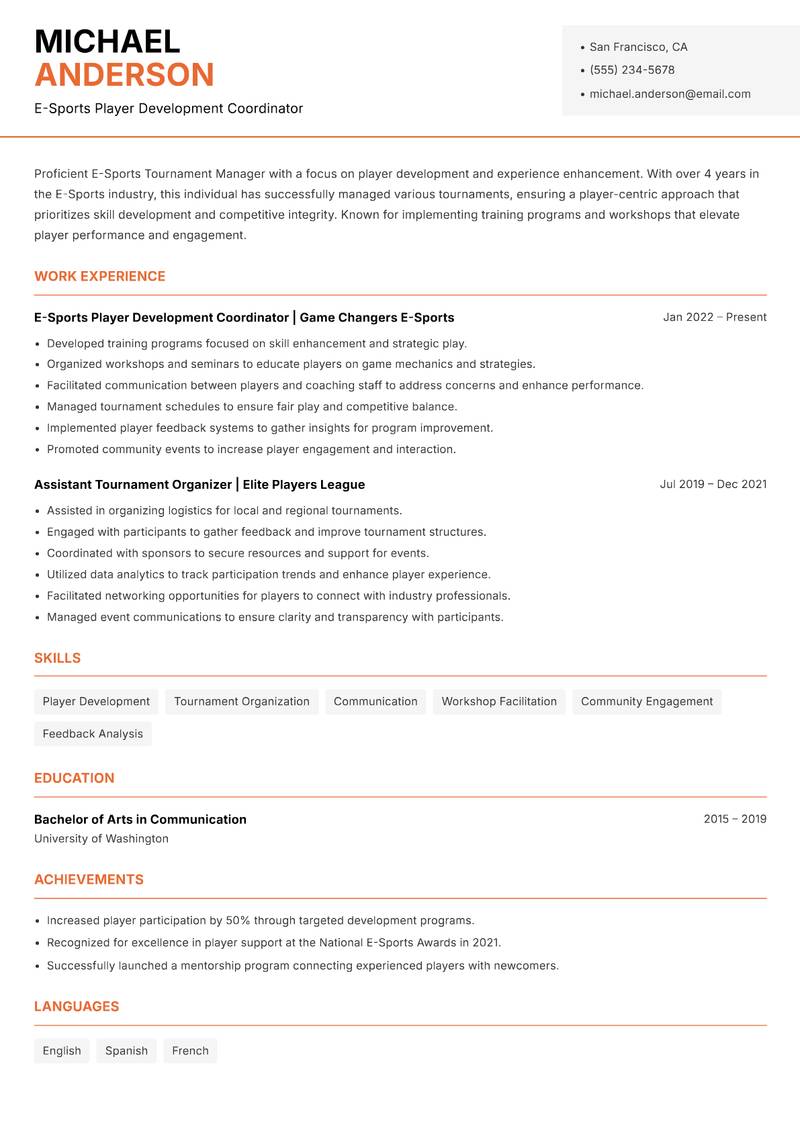 E-Sports Tournament Manager resume template — Modern Professional