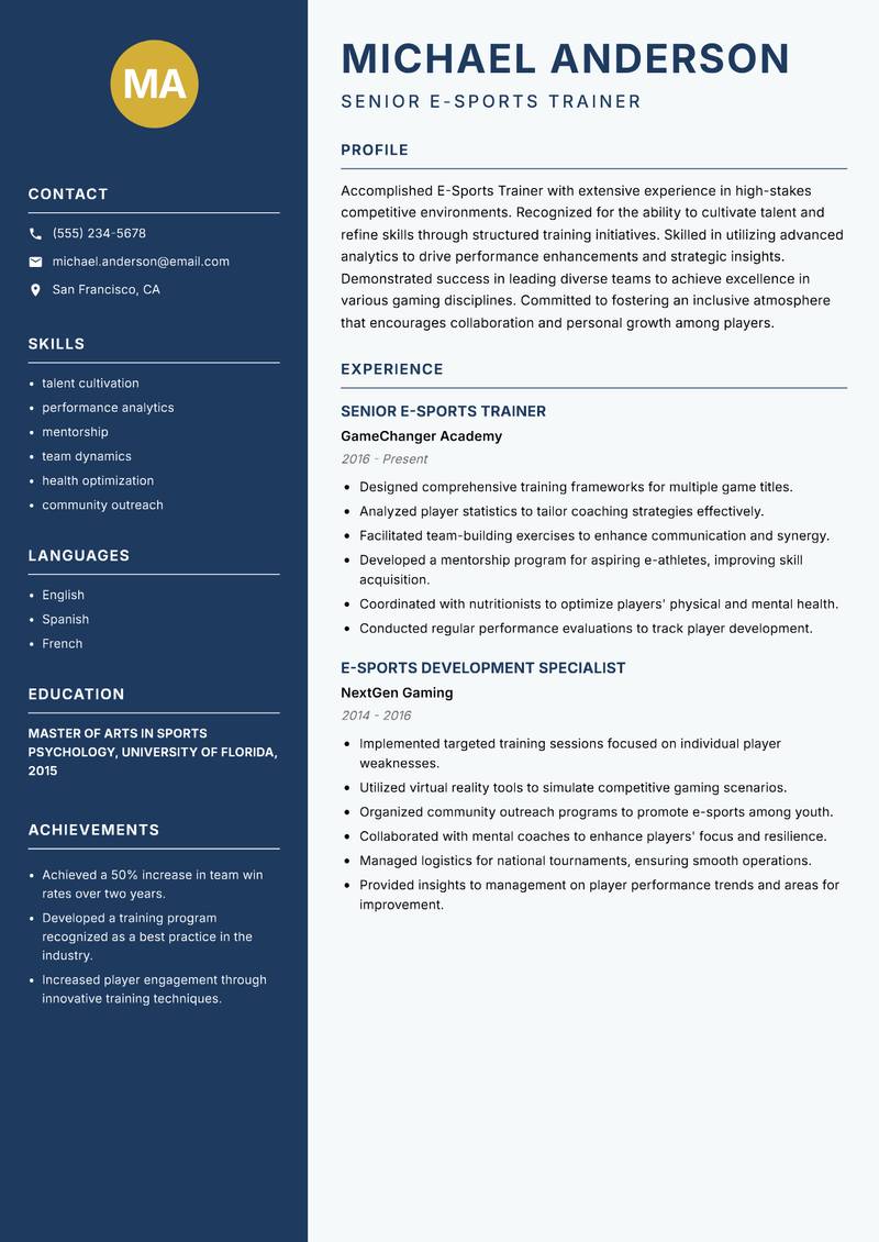 E-Sports Trainer resume template — Classic Clean