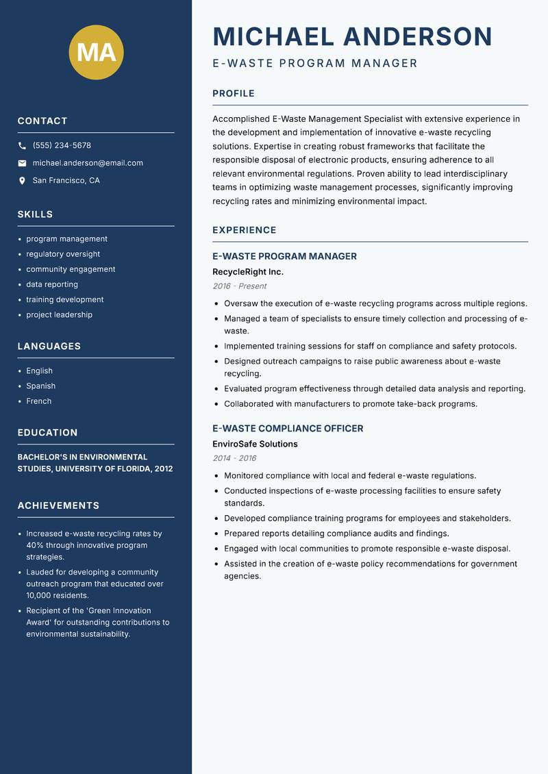 E-Waste Management Specialist resume template — Classic Clean