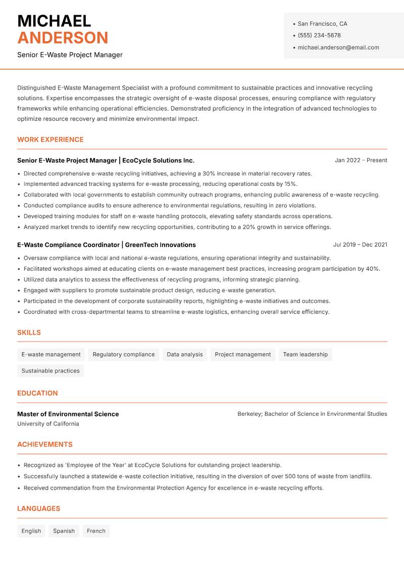 E-Waste Management Specialist resume template — Modern Professional