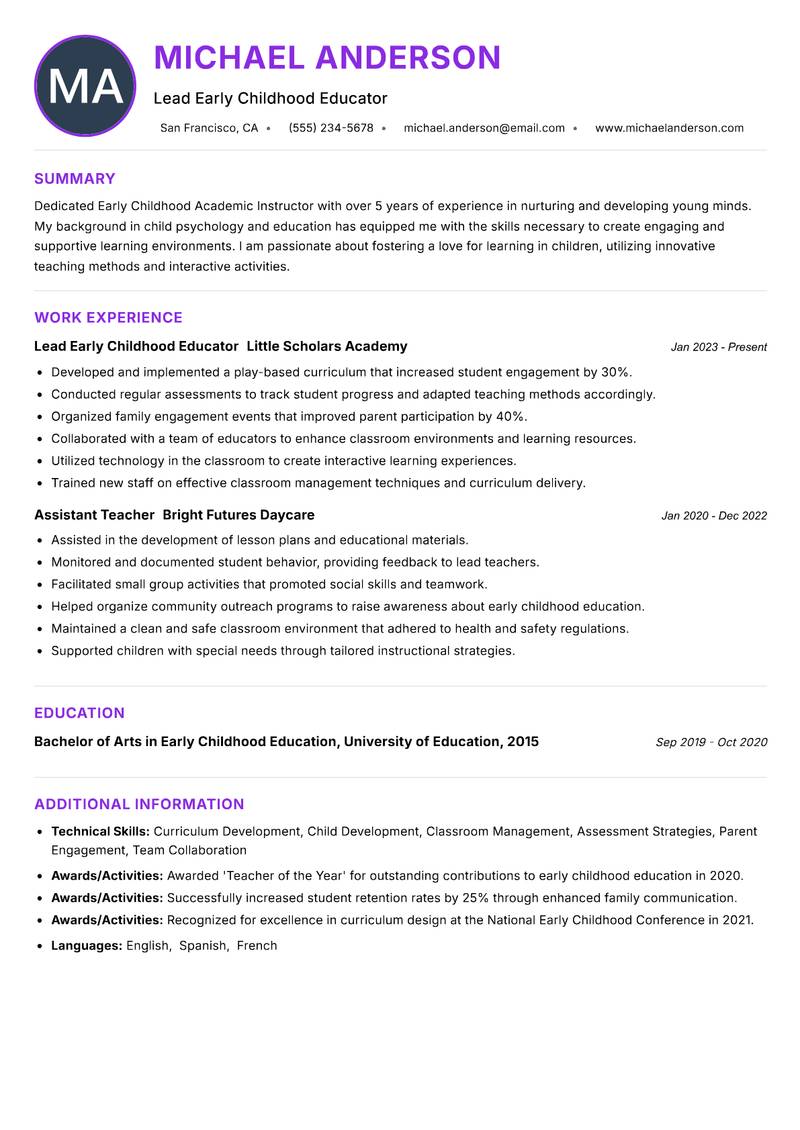 Early Childhood Academic Instructor resume example — ATS-friendly template