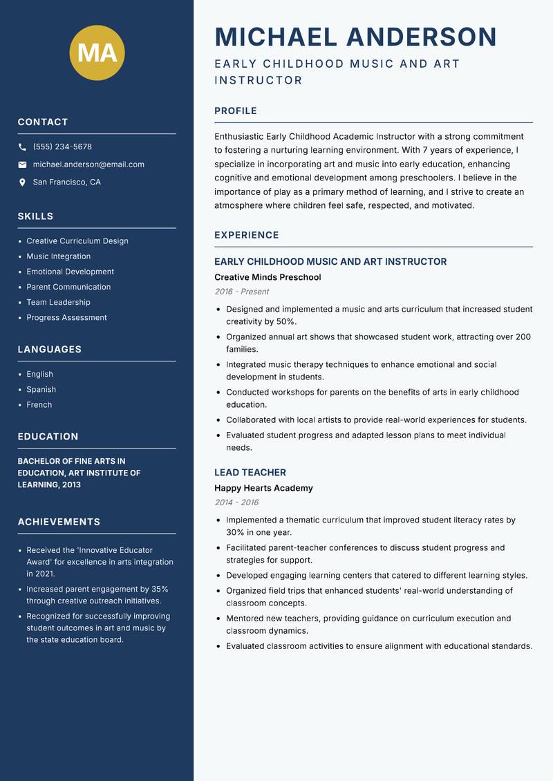Early Childhood Academic Instructor resume template — Classic Clean
