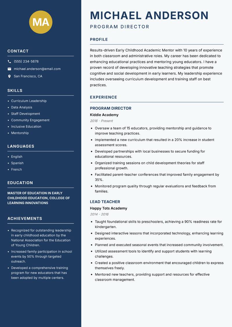 Early Childhood Academic Mentor resume template — Classic Clean