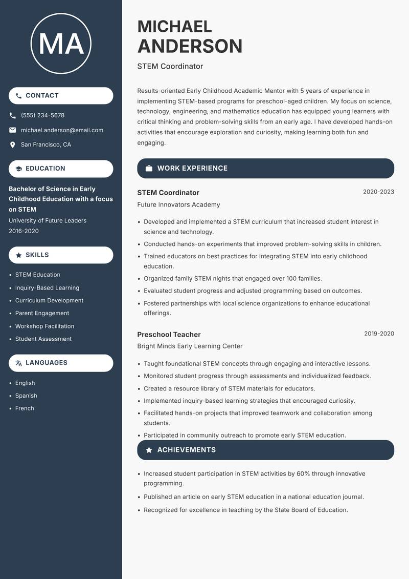Early Childhood Academic Mentor resume template — Compact