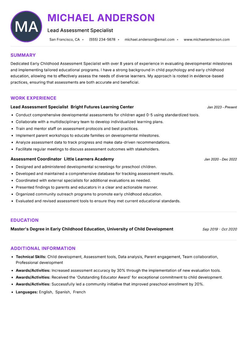 Early Childhood Assessment Specialist resume example — ATS-friendly template