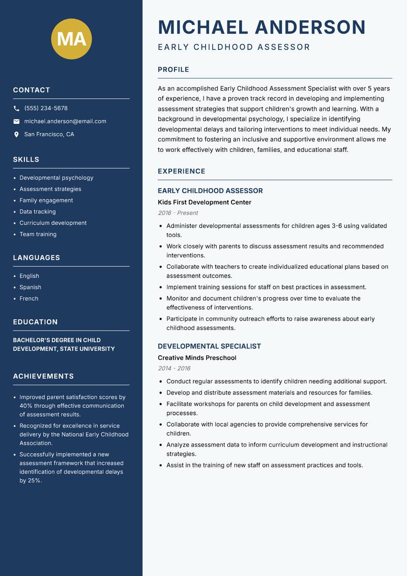 Early Childhood Assessment Specialist resume template — Classic Clean