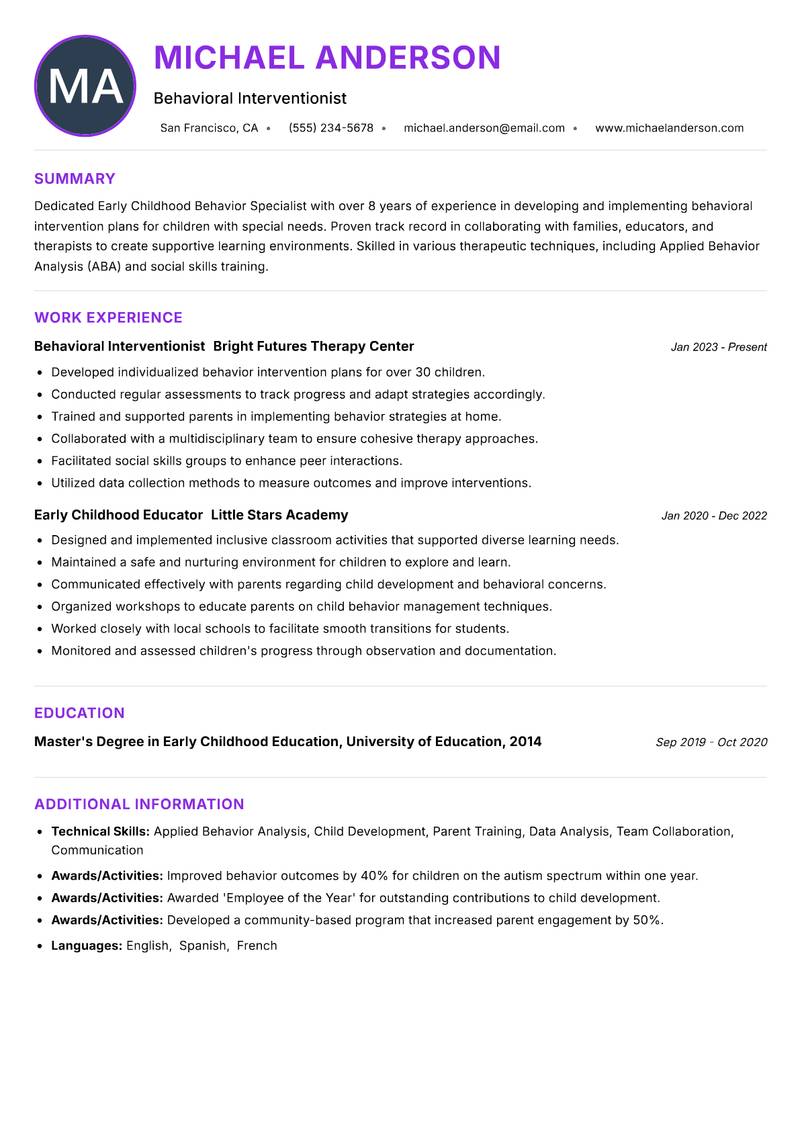 Early Childhood Behavior Specialist resume example — ATS-friendly template