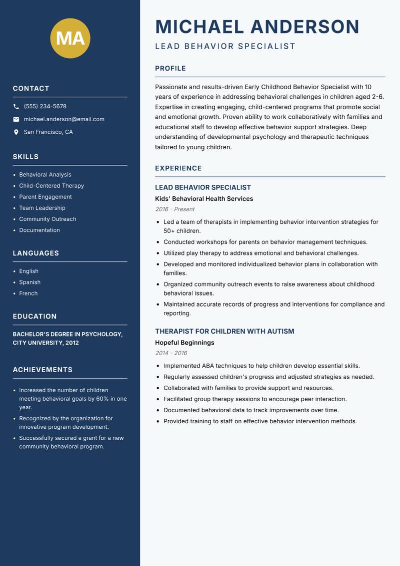 Early Childhood Behavior Specialist resume template — Classic Clean