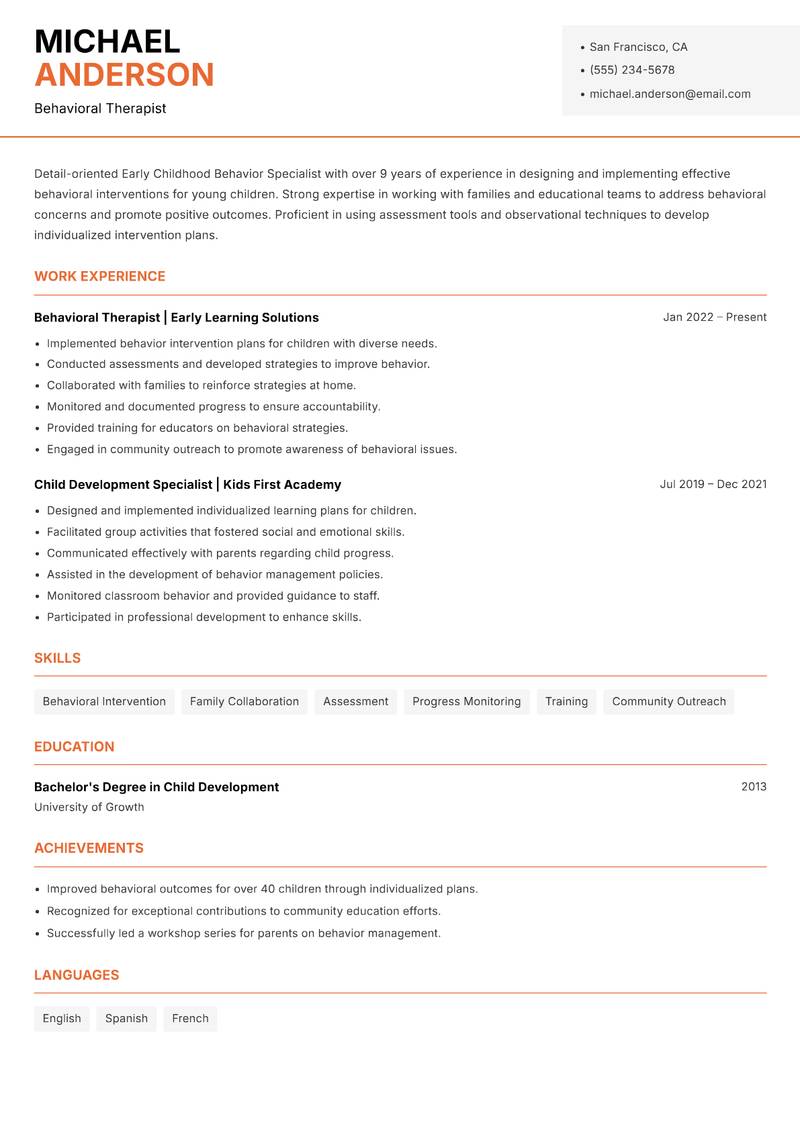 Early Childhood Behavior Specialist resume template — Modern Professional