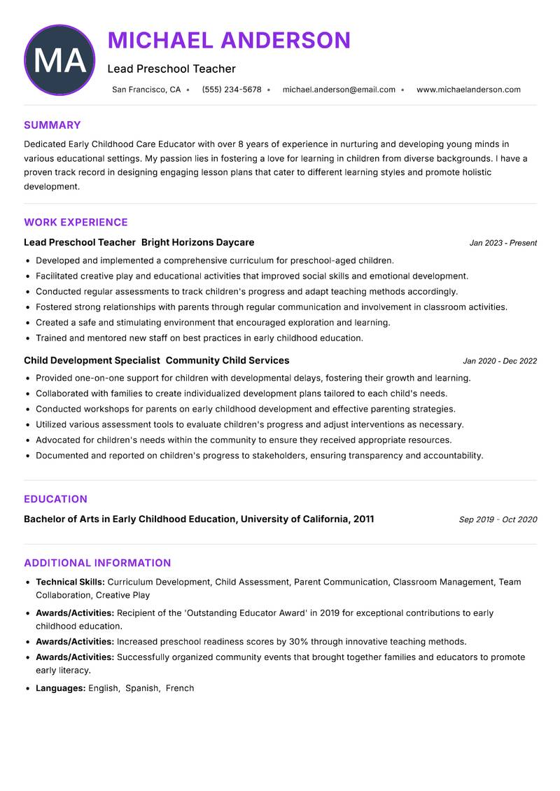 Early Childhood Care Educator resume example — ATS-friendly template