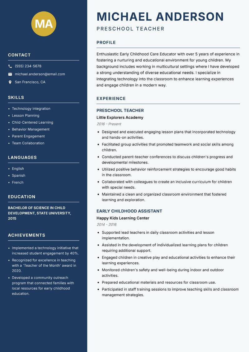 Early Childhood Care Educator resume template — Classic Clean