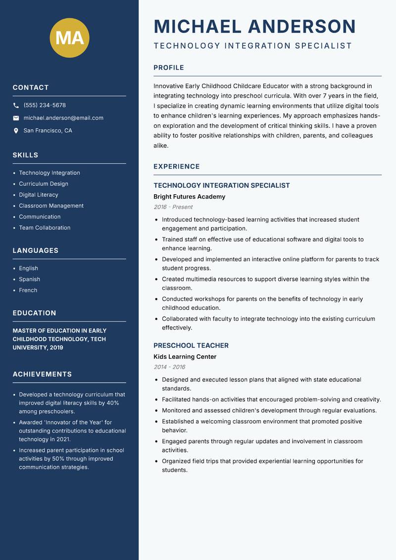 Early Childhood Childcare Educator resume template — Classic Clean