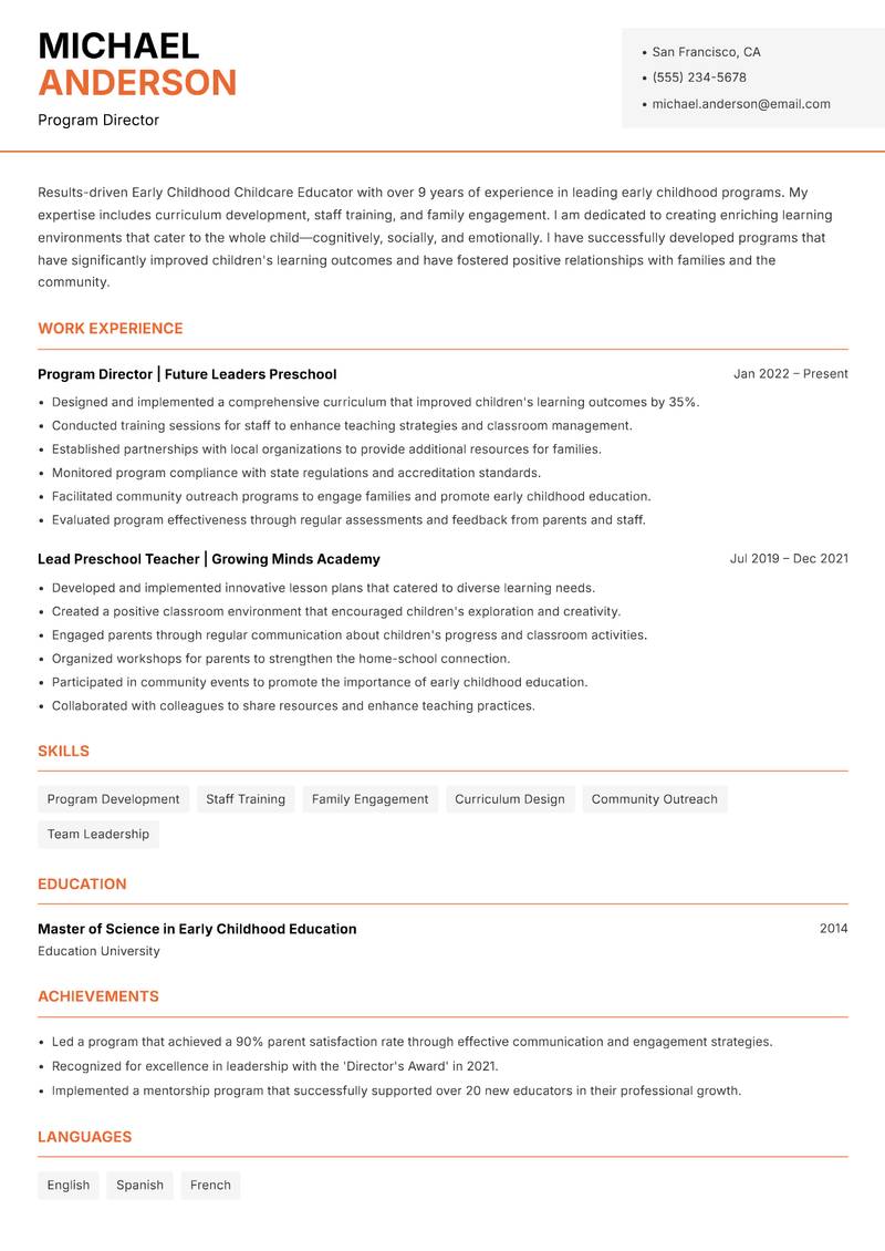Early Childhood Childcare Educator resume template — Modern Professional