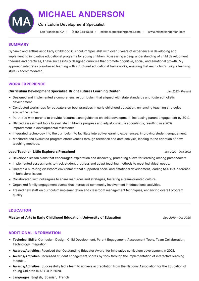 Early Childhood Curriculum Specialist resume example — ATS-friendly template
