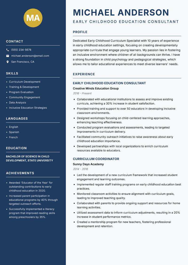 Early Childhood Curriculum Specialist resume template — Classic Clean