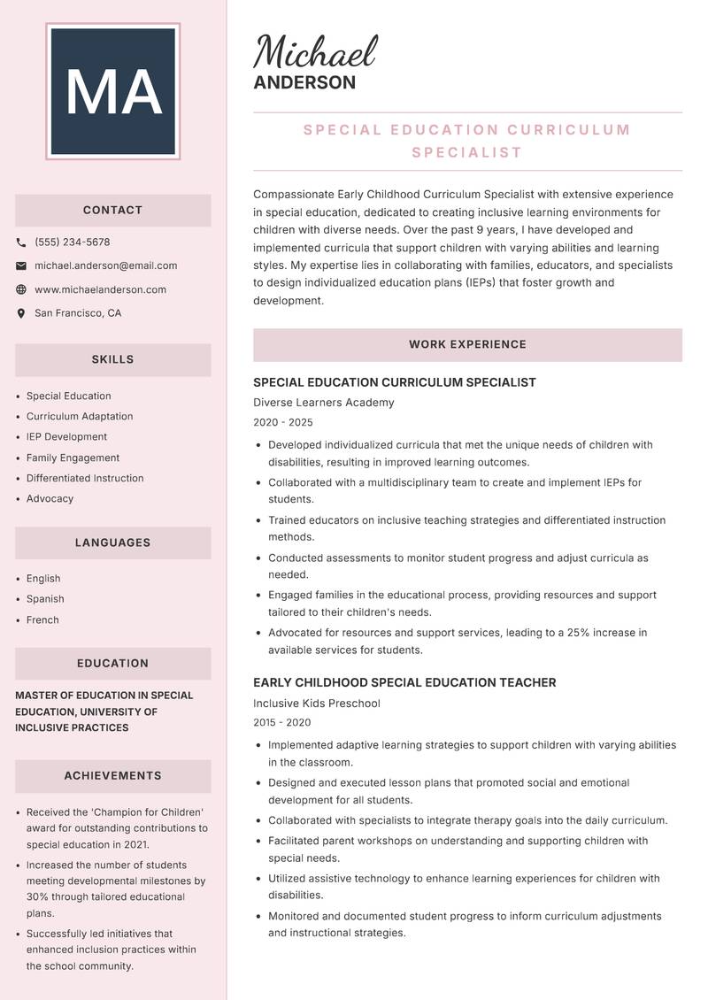 Early Childhood Curriculum Specialist resume template — Executive