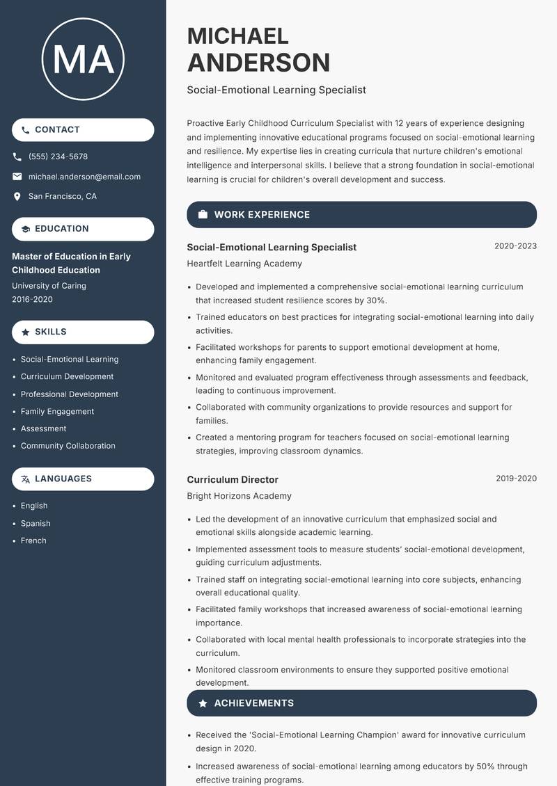 Early Childhood Curriculum Specialist resume template — Compact