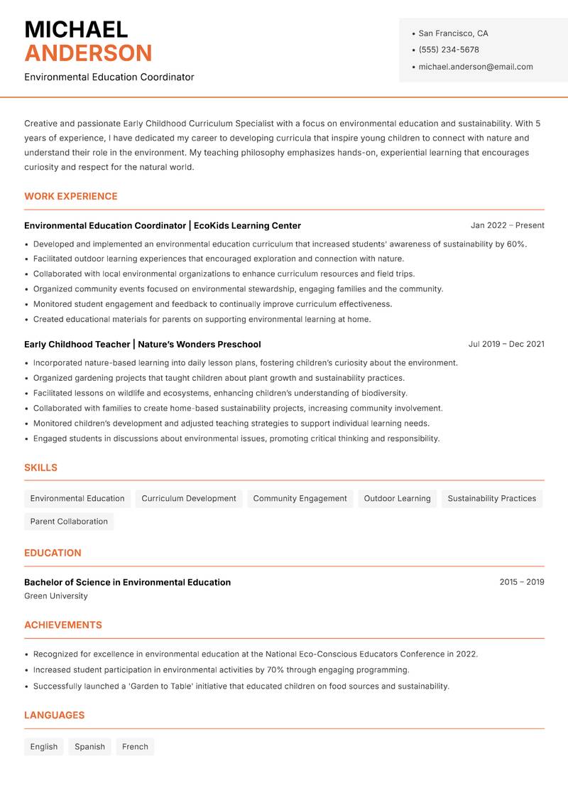 Early Childhood Curriculum Specialist resume template — Modern Professional
