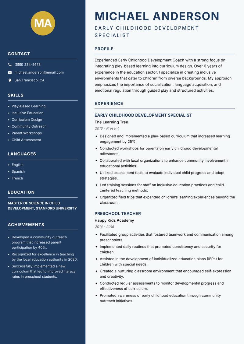 Early Childhood Development Coach resume template — Classic Clean
