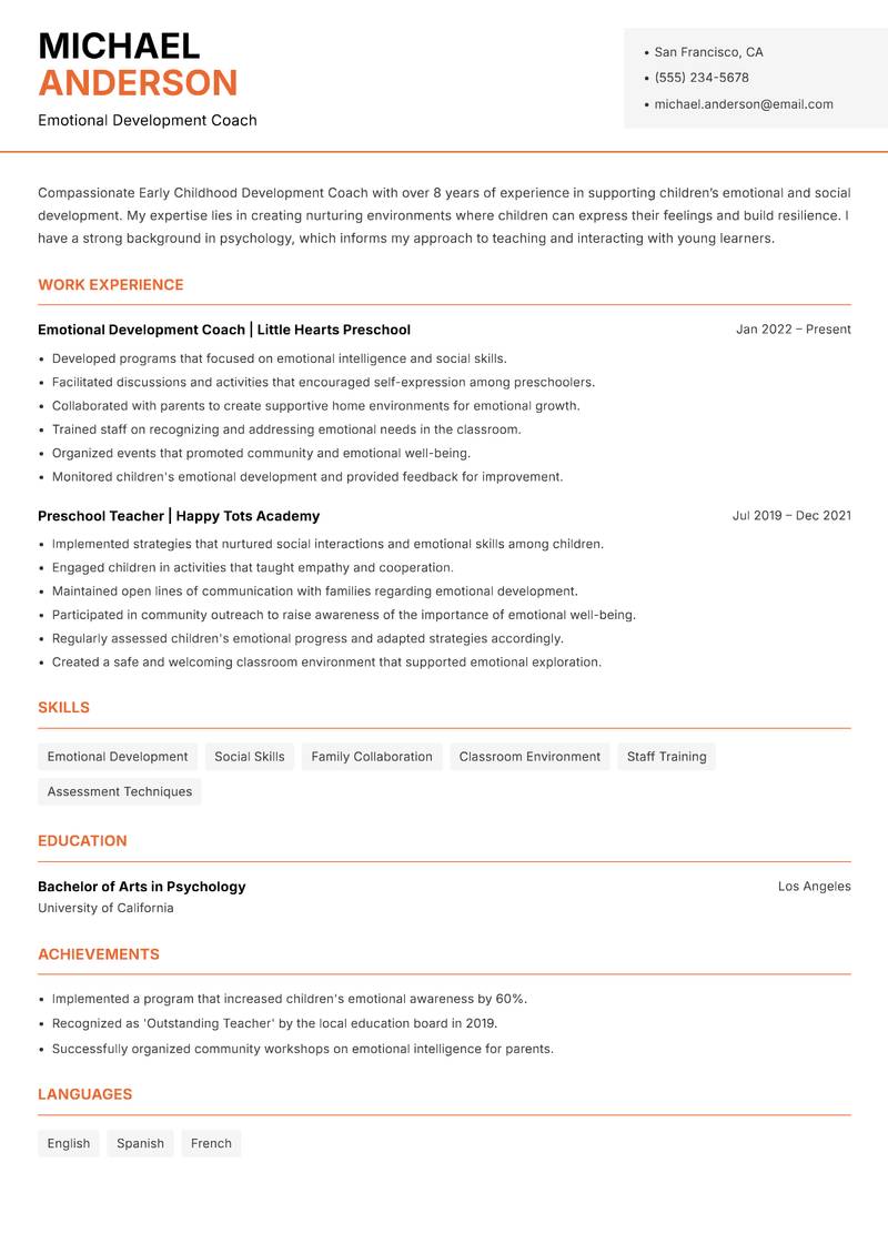 Early Childhood Development Coach resume template — Modern Professional