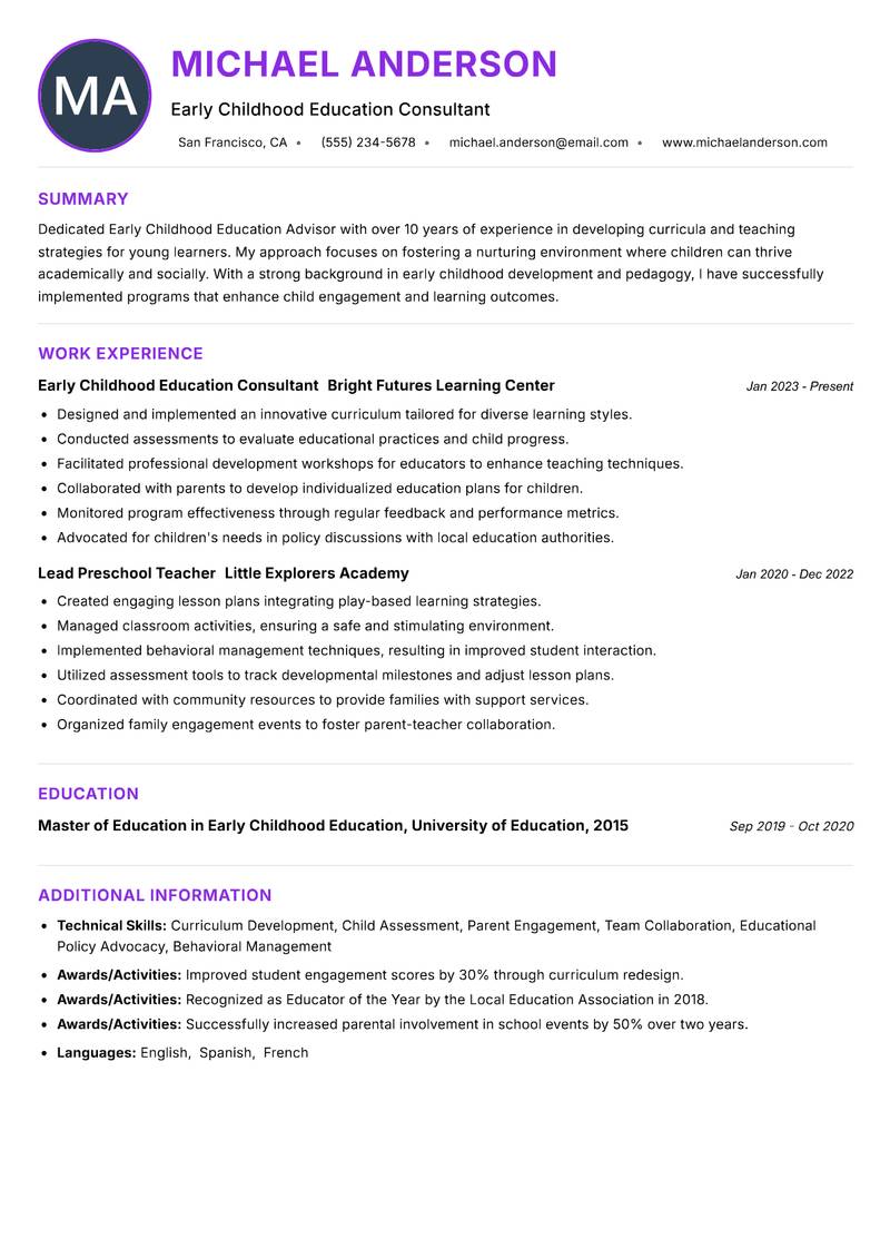 Early Childhood Education Advisor resume example — ATS-friendly template