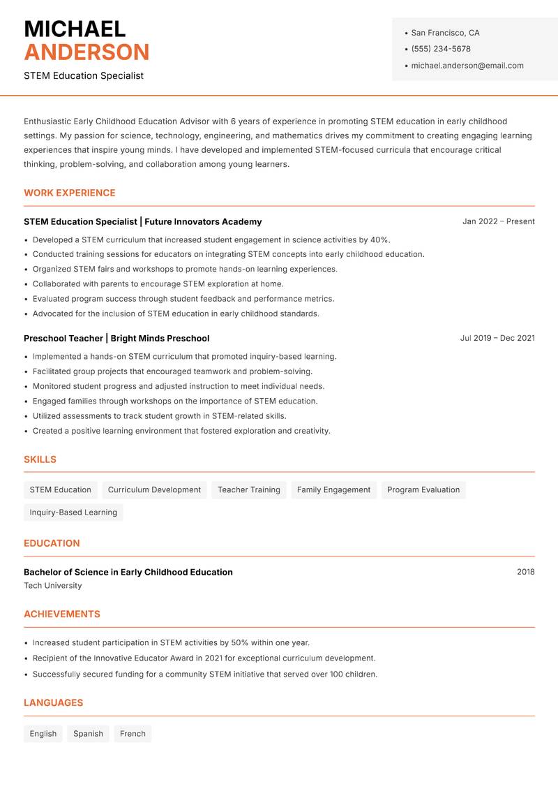 Early Childhood Education Advisor resume template — Modern Professional
