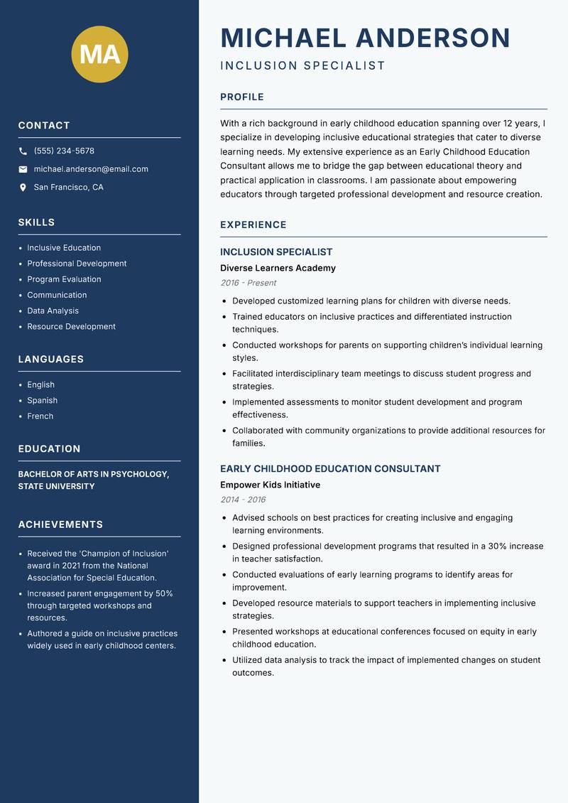 Early Childhood Education Consultant resume template — Classic Clean