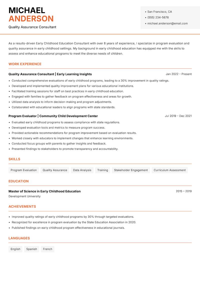 Early Childhood Education Consultant resume template — Modern Professional