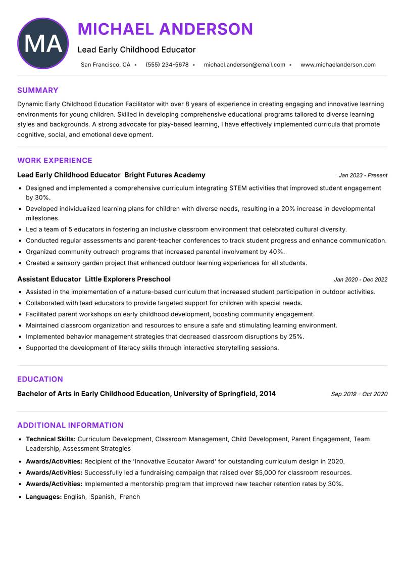Early Childhood Education Facilitator resume example — ATS-friendly template