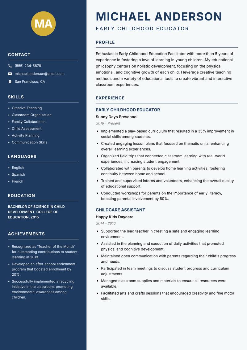 Early Childhood Education Facilitator resume template — Classic Clean
