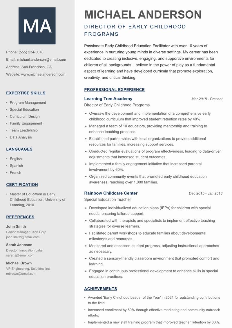 Early Childhood Education Facilitator resume template — Creative Minimal