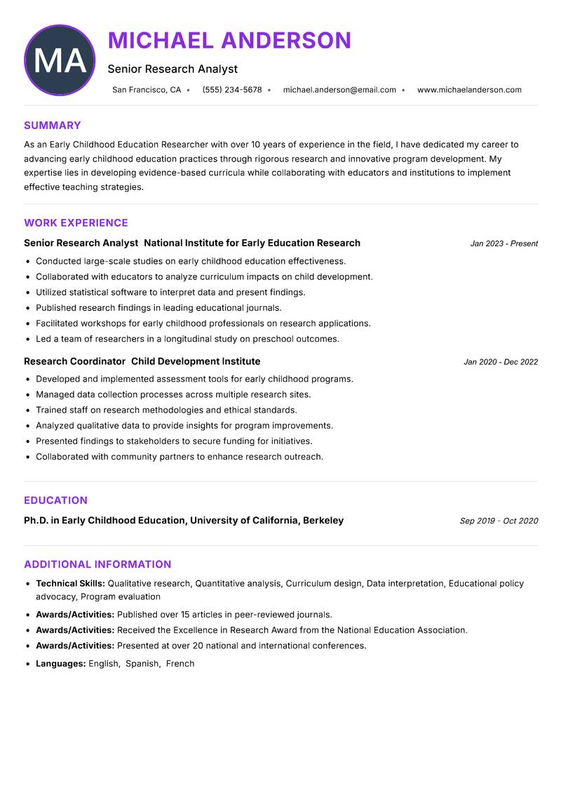 Early Childhood Education Researcher resume example — ATS-friendly template