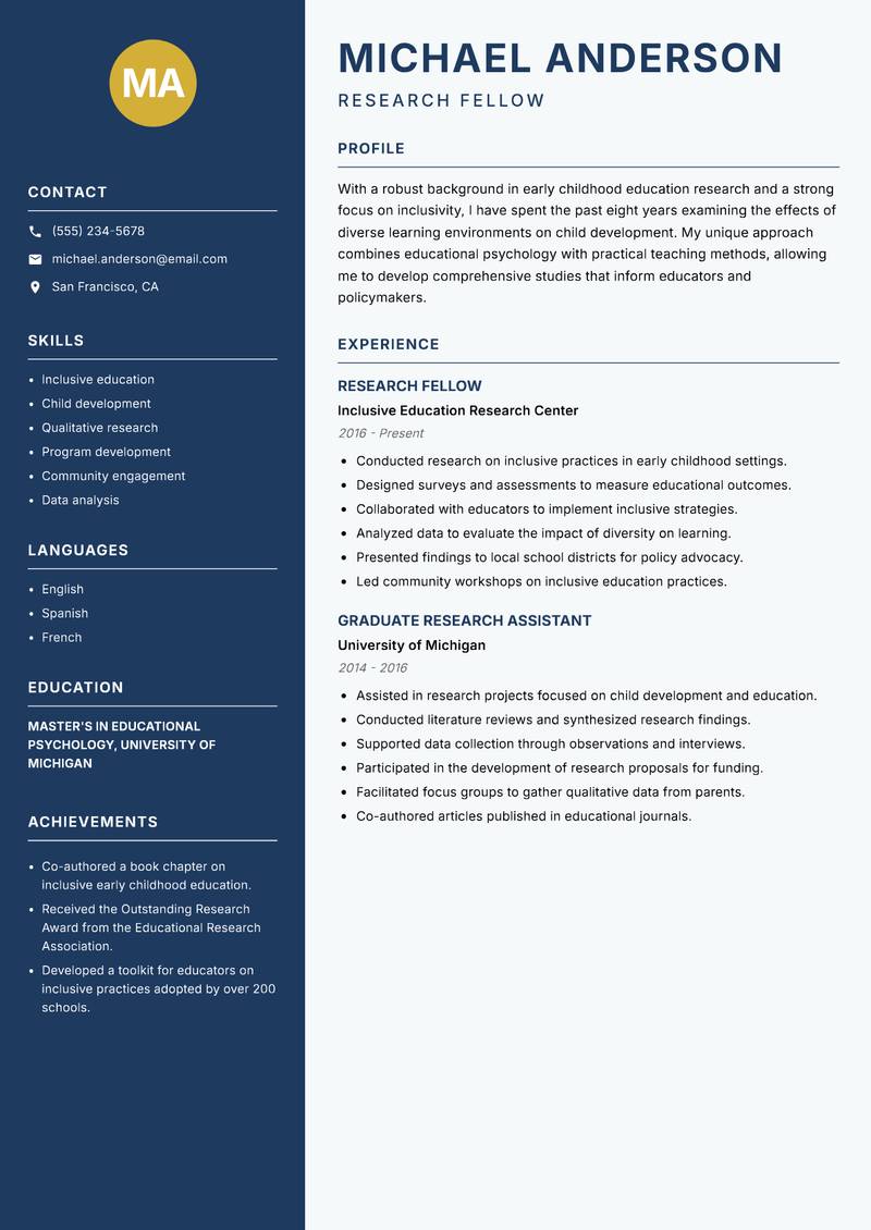 Early Childhood Education Researcher resume template — Classic Clean