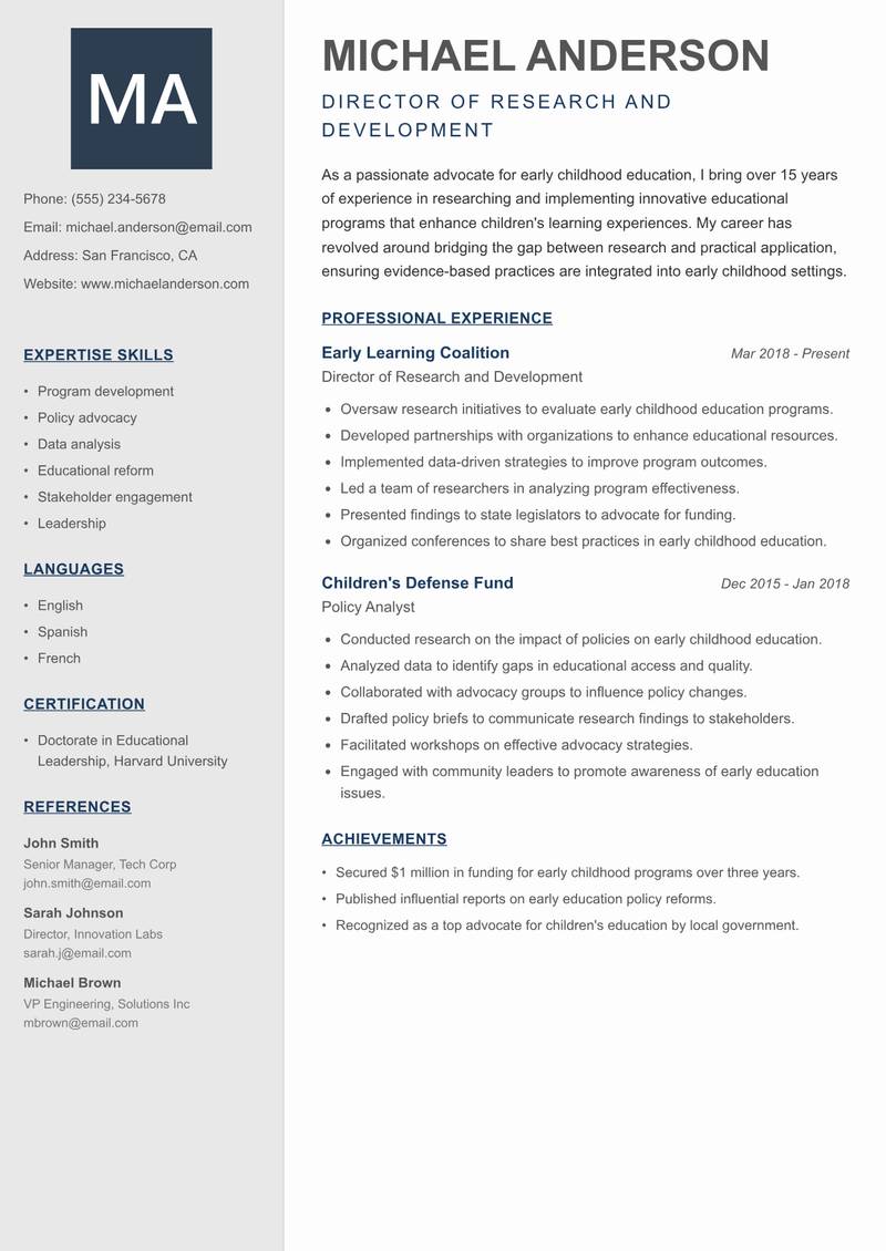 Early Childhood Education Researcher resume template — Creative Minimal
